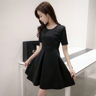 2016夏季新款黑色连衣裙女韩版圆领短袖小黑裙修身显瘦打底裙子潮