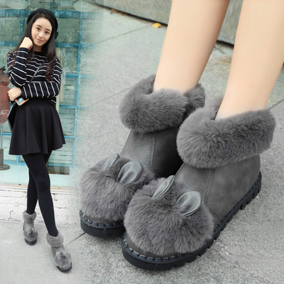 2015冬季韩版兔毛棉鞋平底兔耳朵雪地靴短靴学生时尚防滑女鞋潮