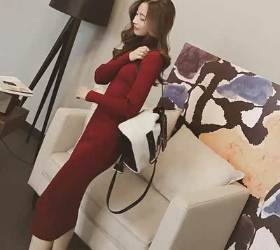 2015冬季时尚女装新品韩版修身高领长袖套头打底衫长款针织连衣裙