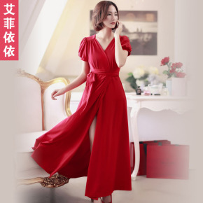 2015女新款韩版收腰V领性感开叉长裙修身显瘦针织纯色印花连衣裙