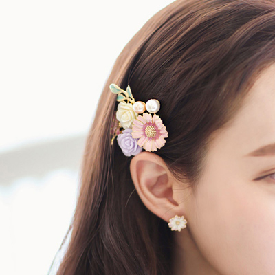 粉妆韩国甜美可爱复古彩色滴油花朵刘海夹一字夹边夹发夹发饰品女