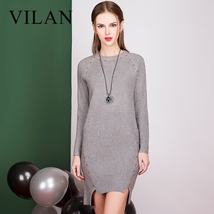 vilan/慧兰2015冬装新款专柜正品圆领套头宽松保暖针织连衣裙