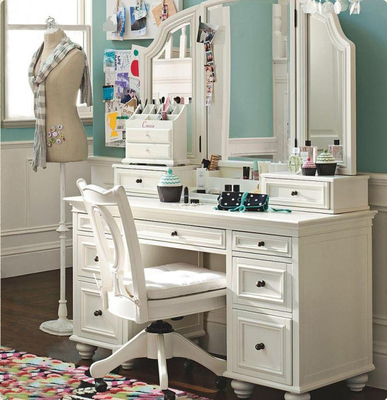 欧式化妆桌电脑桌组合卧室小户型简约收纳桌美式实木梳妆台折叠镜