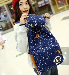 新款帆布双肩包女包夜空星星图案休闲学生书包韩版潮包旅行背包包