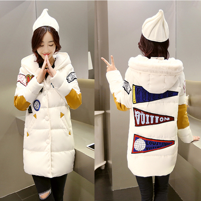 冬装新款韩版高中大学生少女可爱獭兔毛领徽章贴补中长款羽绒棉服