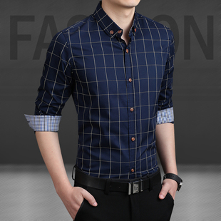 青年学生男士秋季长袖格子衬衫大码新款韩版修身型方领印花衬衣潮