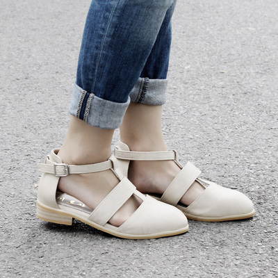 2015韩国夏季新款 复古包头一字式搭扣低跟罗马凉鞋女