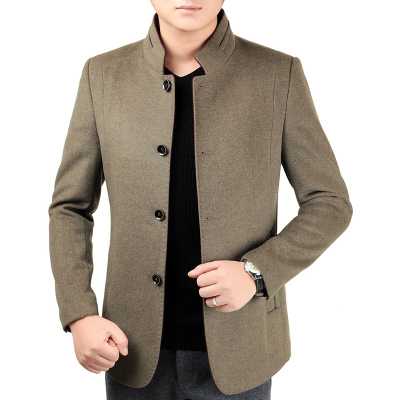 2015年秋冬新款老人头男士夹克商务休闲立领羊毛呢男装中年外套