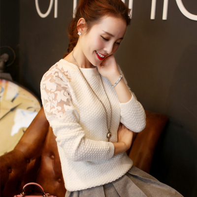 2015秋冬新款韩版女装蕾丝镂空长袖圆领打底针织衫毛衣