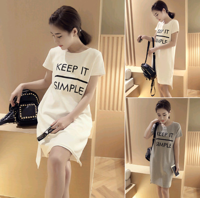 蘑菇街女装2016新款韩版中长款显瘦字母宽松女t恤短袖大码打底衫