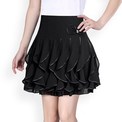 2015夏季新款短裙荷叶边蓬蓬裙雪纺纱裙气质女士黑色半身裙9632