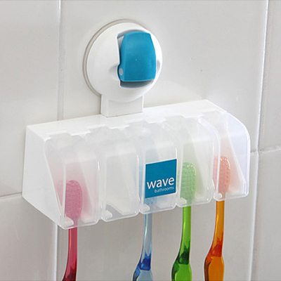 韩国进口吸盘牙刷架牙刷座牙具架 五位防尘牙刷挂架 简约蓝白系列