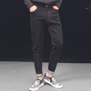路克原创设计 黑色修身型小脚牛仔裤 铅笔裤
