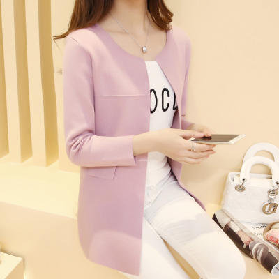 2016春装新款韩版女装简约纯色中长款宽松长袖针织开衫毛衣女外套