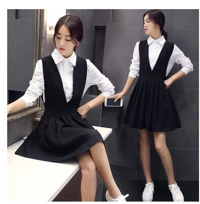 2015秋季新款修身连衣裙女18-25韩版衬衫上衣背带裙显瘦两件套装