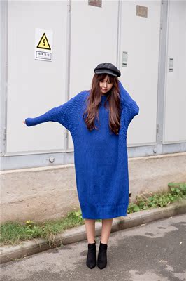 韩国单 宽松款 纯色女士蝙蝠袖套头毛衣裙粗棒针织连衣裙 15秋冬