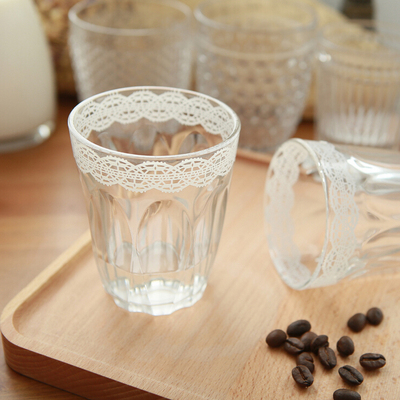 白色女生公主蕾丝透明玻璃杯 简约韩式甜美可爱多边水杯咖啡茶杯