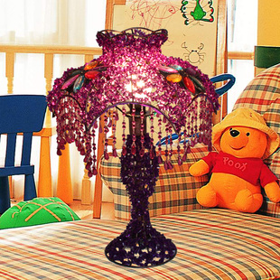 紫色田园复古古典公主台灯婚庆用品灯具串珠手工铁艺床头灯桌面灯