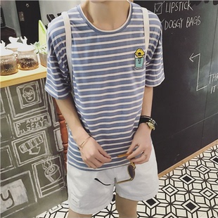 2016夏季新款韩版学生条纹短袖t恤修身半袖海魂衫潮男蝙蝠衫体恤