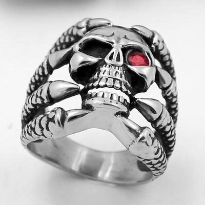 亚马逊热卖鹰爪骷髅头戒指 个性男士霸气骷髅头红眼戒指饰品QJ453