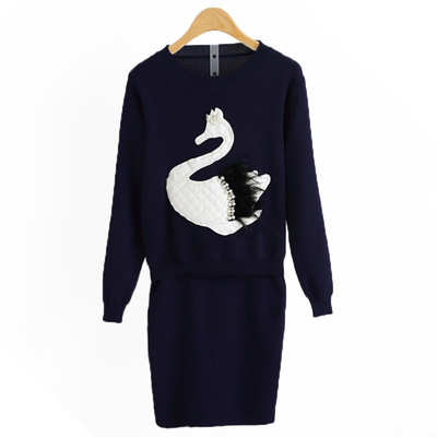 韩版小天鹅贴布立体装饰毛衣打底衫+半身包臀短裙两件套针织套装