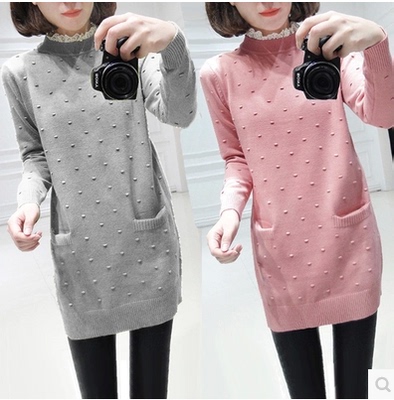 韩版2015秋冬小衫假两件套毛衣长袖蕾丝中长款打底衫针织衫T恤女