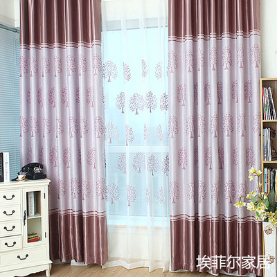 【埃菲尔】特价现代紫色绣花小树全遮光客厅卧室定制窗帘成品布纱