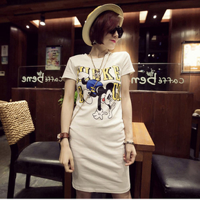 韩国东大门代购夏季新款纯棉圆领短袖女士显瘦中长款米老鼠T恤潮
