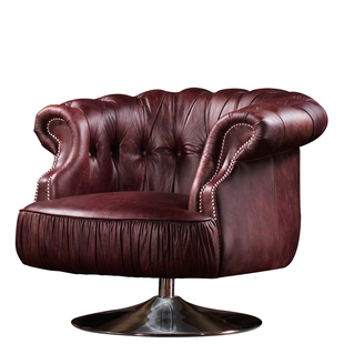 美式酒红油蜡皮单人位沙发复古转椅圆椅子艺术风格单人休闲沙发椅
