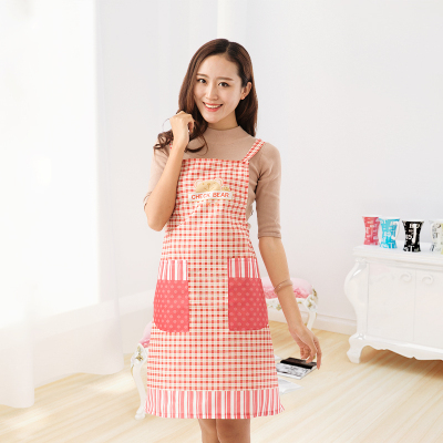 韩版时尚成人背带厨房围裙 双口袋碎格子竖条纹熊头图案围裙