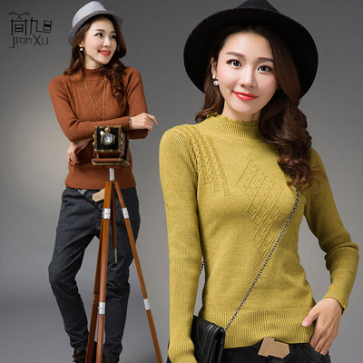 秋冬韩版女式套头短款羊绒衫半高领纯色加厚打底衫针织衫修身毛衣