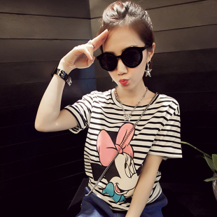 2015夏季女装新款韩版大码 条纹T恤 海军魂 宽松 圆领短袖女T恤衫