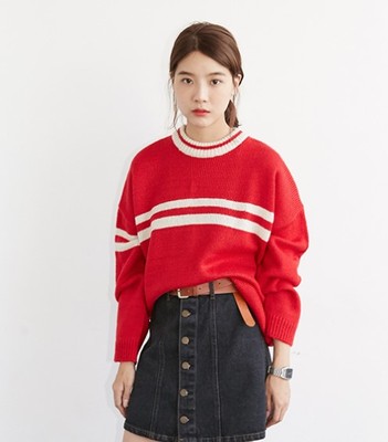 PIPIROOM韩国代购2015早春热销学院风 宽松大码 红白条纹拼色毛衣