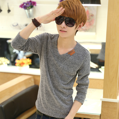 春季韩版青少年款修身型男士长袖T恤V领学生款纯色针织打底衫体恤