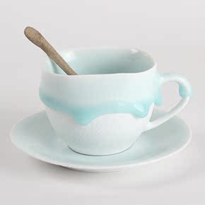 景德镇手工创意陶瓷流釉把手咖啡杯子家居礼品马克杯定制带杯托