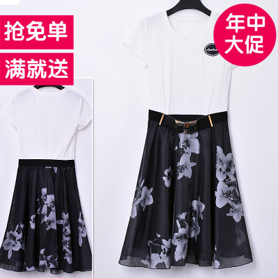 2015夏季新款黑白修身显瘦欧根莎甜美印花中腰气质连衣裙蓬蓬裙