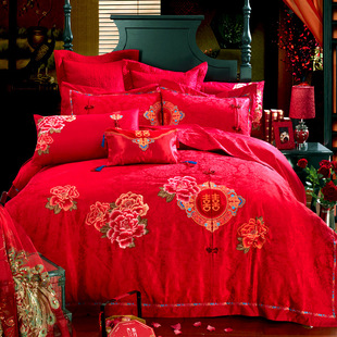 婚庆纯棉四件套春新婚大红结婚被套床单全棉多件套1.8m床上用品