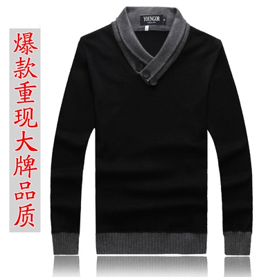 冬季男士韩版修身套头毛衣加绒v领纯色男装加厚打底针织衫外套潮