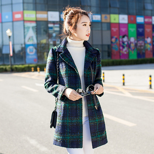 2015秋冬季新款韩版格子毛呢外套女中长款韩范呢子大衣单排扣风衣