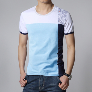 新款夏季韩版简约百搭纯棉圆领男士短袖T恤青少年修身拼接潮男装