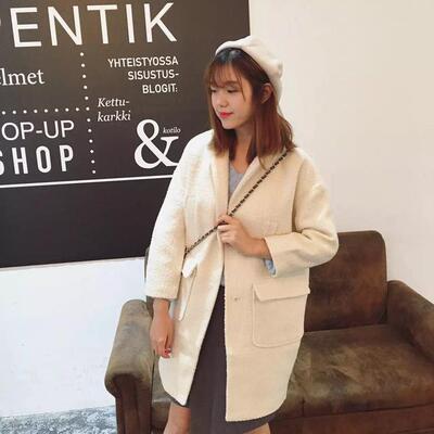 Axin女装2015冬季新品 韩版英伦气质大牌风奶白色粗花呢大衣外套