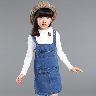 童装2016春季新款女童韩版中大童牛仔背带裙 儿童牛仔裙子一件代