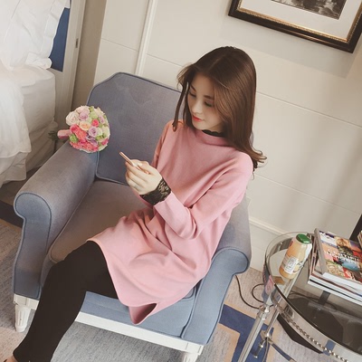 2015冬装韩国新款甜美纯色蕾丝拼接针织连衣裙女中长款宽松打底裙