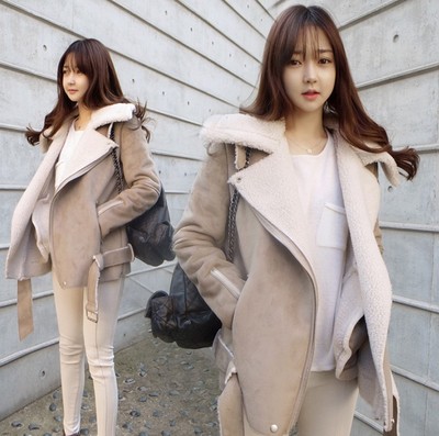 韩国冬装新款羊羔毛外套中长款加厚棉服鹿皮绒棉衣外套机车服女潮