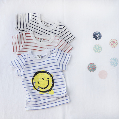 2015年夏季新款纯棉t恤男女童条纹笑脸休闲儿童短袖母子装亲子装