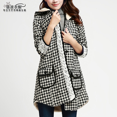 韩版学生冬装外套棉衣女中长款带帽 大码格子棉服女修身显瘦上衣