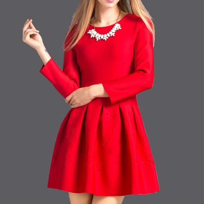2016春季新款女装欧美百搭高端3D压雪花显瘦A字红色连衣裙蓬蓬裙