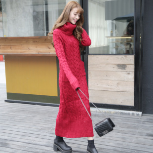 韩国秋冬女装高领超长款套头麻花毛衣连衣裙加厚修身针织打底长裙