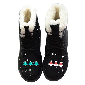 冬天靴子黑色森系手绘短靴雪地靴子女 学生韩版保暖防滑加绒棉鞋
