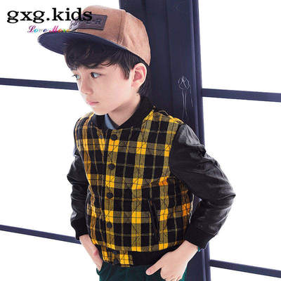 gxg kids童装新款男童格子夹克外套儿童拼皮袖夹克A5421476